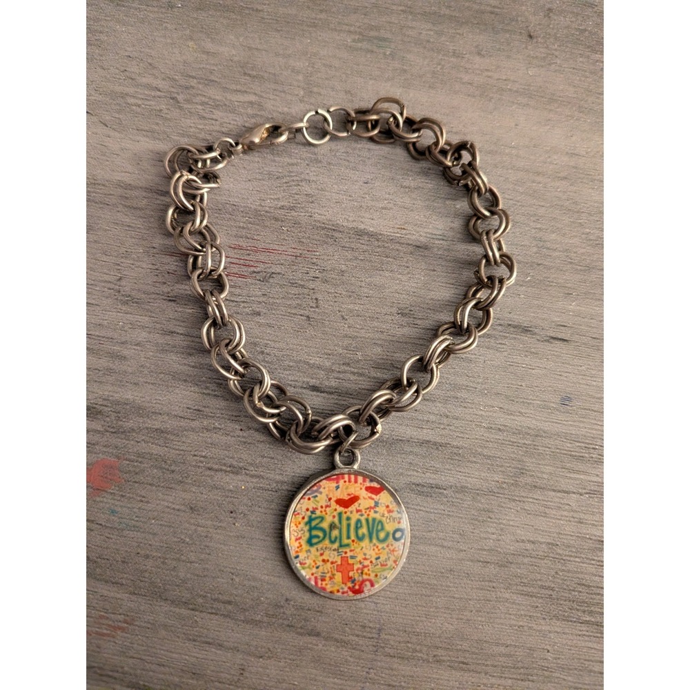 Believe Inspirational Charm Bracelet Silver Tone Double Link Chain Cross